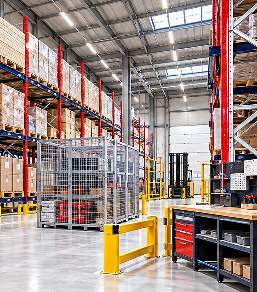 Pallet racking and storage totes in an organised warehouse